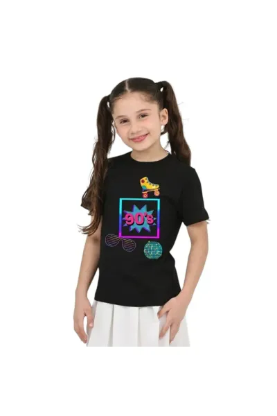 Unisex 90'Lar Temalı Baskılı Pamuklu Basic T-Shirt — Siyah