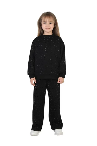 Kız Çocuk Taşlı Pijama Takımı Rahat Kalıp Günlük-Casual Takım İkili Takım — Siyah