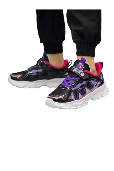 Kız çocuk okul siyah-mor günlük spor sneaker ayakkabı