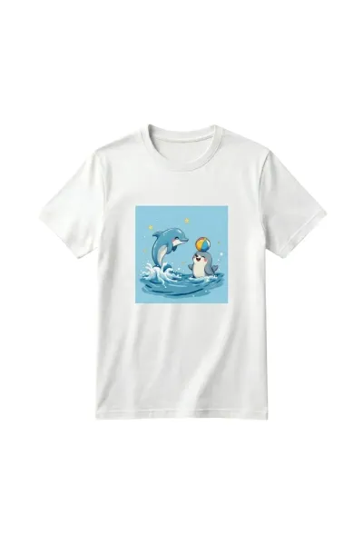 Unisex Kız Erkek Çocuk Baskılı Bisiklet Yaka Kısa Kollu Pamuklu Günlük T-Shirt — PLAYING WATER POLO DOLPHINS BEYAZ