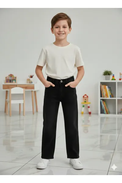 Erkek Çocuk Pamuklu Beli Lastikli Baggy Jean Pantolon Rahat Kalıp Geniş Bol Paça Kot Pantolon — Siyah