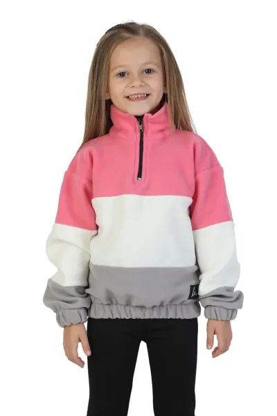 Kız Çocuk Dik Yaka Fermuarlı Sweatshirt-Kazak Beli Lastikli Çok Renkli Kışlık Polar Sweat — Pembe-Ekru-Gri