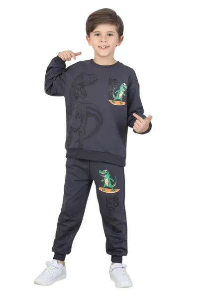 Erkek çocuk dinozor baskılı pijama takımı iki iplik eşofman takımı okul ikili takım — Füme