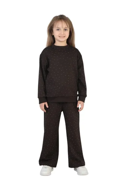 Kız Çocuk Taşlı Pijama Takımı Rahat Kalıp Günlük-Casual Takım İkili Takım — Kahverengi