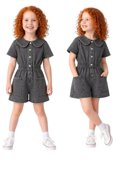 Kız Çocuk Denim Kot Yazlık Kısa Kol Bebe Yaka Çıtçıtlı Günlük Bayramlık Tulum — Antrasit