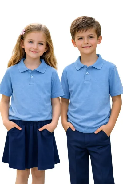 Unisex Kız Erkek Çocuk Polo Yaka Pamuklu Kısa Kol Bebe Mavisi Günlük Basic Okul Tişört