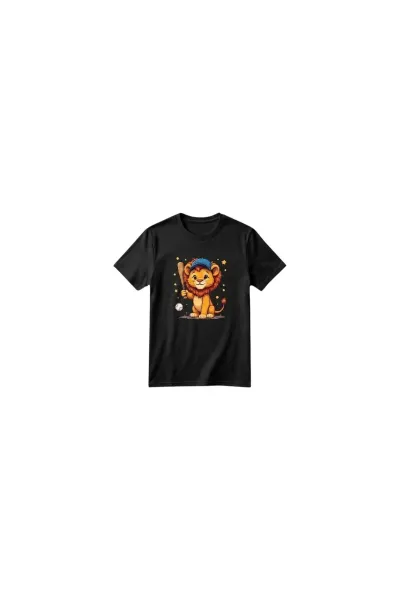 Unisex Kız Erkek Çocuk Baskılı Bisiklet Yaka Kısa Kollu Pamuklu Günlük T-Shirt — PLAYING BASEBALL LION SİYAH