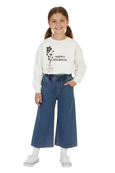 Kız Çocuk Bayramlık Günlük - Casual Geniş-Bol Paça Palazzo Kot Pantolon-Sweatshirt ikili takım — Beyaz