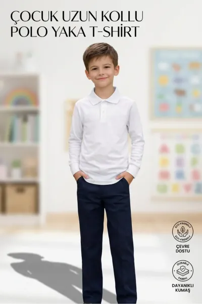 Unisex Kız Erkek Çocuk Polo Yaka Pamuklu Uzun Kol Beyaz F2:F100Günlük Basic Okul Tişört