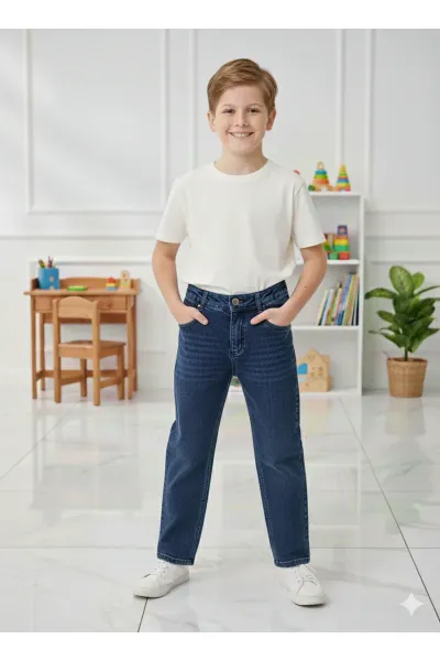 Erkek Çocuk Pamuklu Beli Lastikli Baggy Jean Pantolon Rahat Kalıp Geniş Bol Paça Kot Pantolon — Koyu Mavi