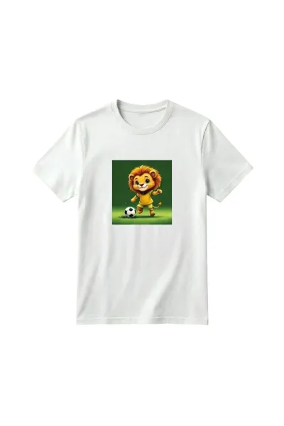 Unisex Kız Erkek Çocuk Baskılı Bisiklet Yaka Kısa Kollu Pamuklu Günlük T-Shirt — SOCCER PLAYING LION BEYAZ