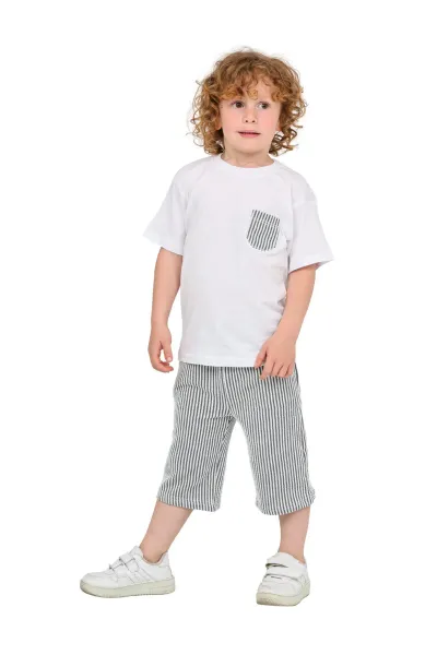 Erkek Çocuk Basic T-shirt Şort Çizgili Kaprili Yazlık 2'li Takım — Siyah