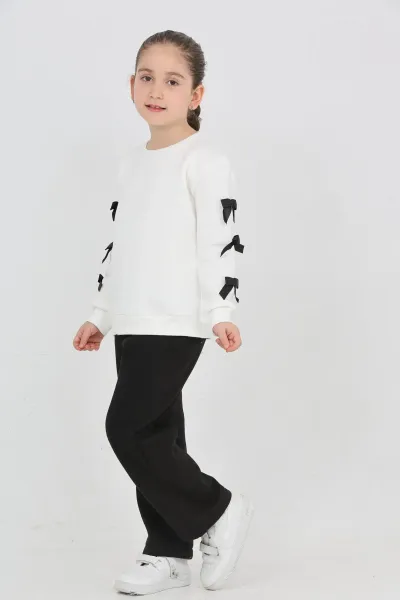 Kız Çocuk 3 İplik Şardonlu Kurdele Detaylı Basic Sweatshirt-Bol Kesim Palazzo Eşofman Takım — Ekru-Siyah