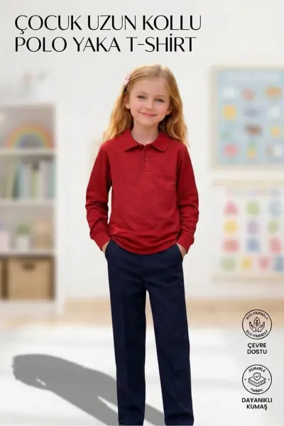 Unisex Kız Erkek Çocuk Polo Yaka Pamuklu Uzun Kol Kırmızı Günlük Basic Okul Tişört