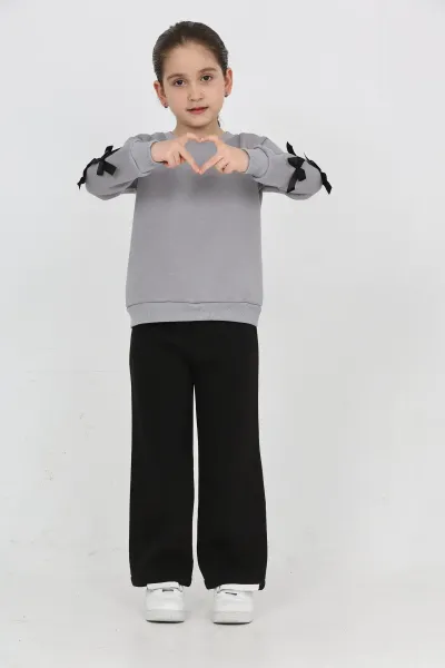 Kız Çocuk 3 İplik Şardonlu Kurdele Detaylı Basic Sweatshirt-Bol Kesim Palazzo Eşofman Takım — Gri-Siyah