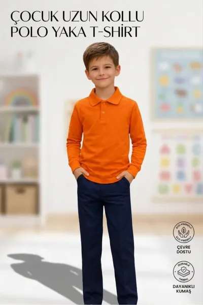 Unisex Kız Erkek Çocuk Polo Yaka Pamuklu Uzun Kol Oranj-Turuncu-Orange Günlük Basic Okul Tişört