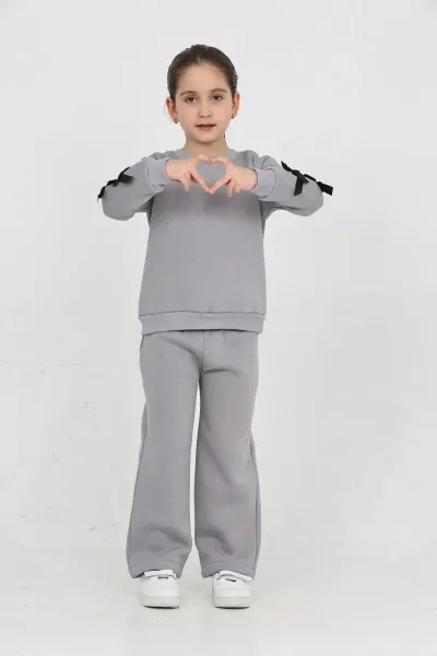 Kız Çocuk 3 İplik Şardonlu Kurdele Detaylı Basic Sweatshirt-Bol Kesim Palazzo Eşofman Takım — Gri