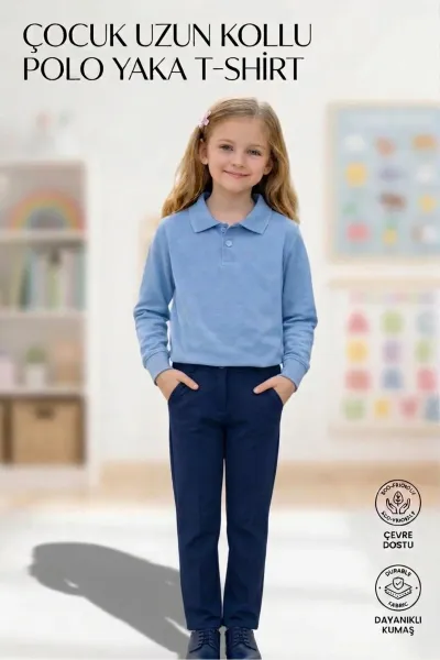Unisex Kız Erkek Çocuk Polo Yaka Pamuklu Uzun Kol Bebe Mavisi Günlük Basic Okul Tişört