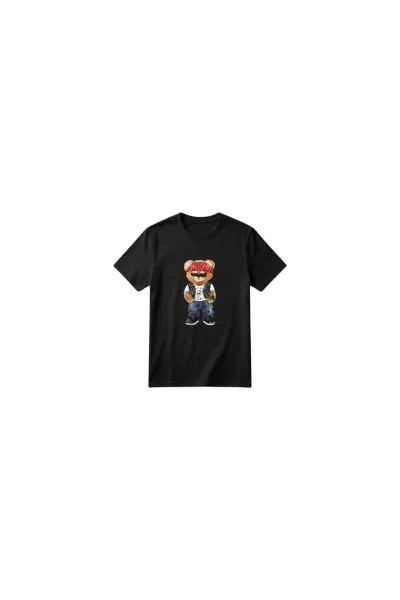 Unisex Kız Erkek Çocuk Baskılı Bisiklet Yaka Kısa Kollu Pamuklu Günlük T-Shirt — BEAR SİYAH