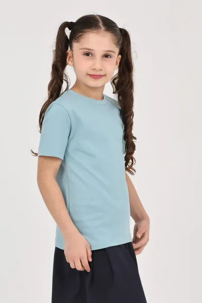 Kız çocuk düz baskısız kısa kol basic casual-okul t-shirt — Mint Yeşili