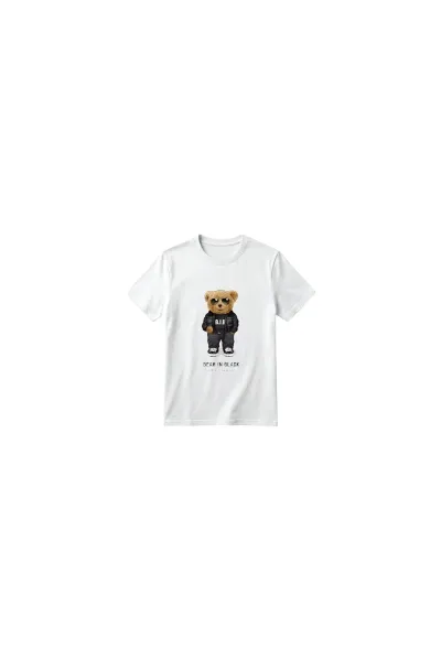 Unisex Kız Erkek Çocuk Baskılı Bisiklet Yaka Kısa Kollu Pamuklu Günlük T-Shirt — BEAR IN BLACK BEYAZ