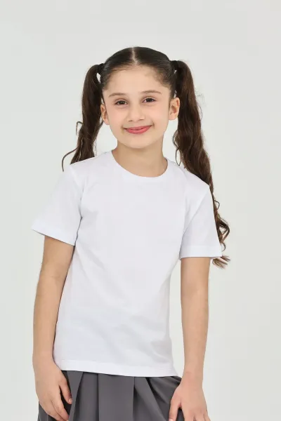 Kız çocuk beyaz düz baskısız kısa kol basic casual-okul t-shirt