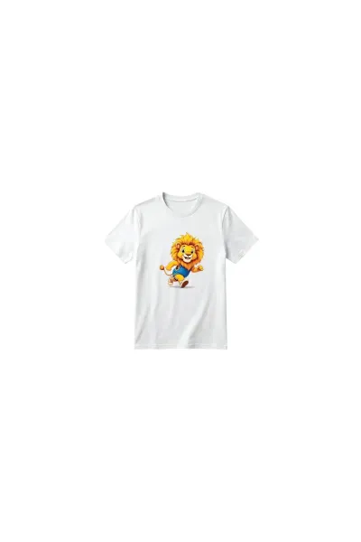 Unisex Kız Erkek Çocuk Baskılı Bisiklet Yaka Kısa Kollu Pamuklu Günlük T-Shirt — RUNNING LION BEYAZ
