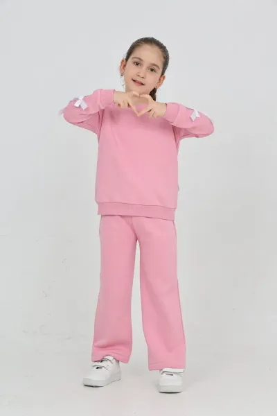 Kız Çocuk 3 İplik Şardonlu Kurdele Detaylı Basic Sweatshirt-Bol Kesim Palazzo Eşofman Takım — Pembe