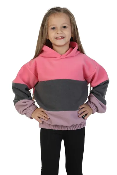 Kız Çocuk Sweatshirt-Kazak Kapüşonlu Beli Lastikli Çok Renkli Kışlık Polar Sweat — Pembe-Antrasit-Lila