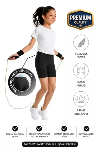 Kız çocuk Cepli Yüksek Bel Biker Günlük Koşu Yürüyüş Yoga Spor Voleybol Egzersiz Fitness Kısa Tayt — Siyah
