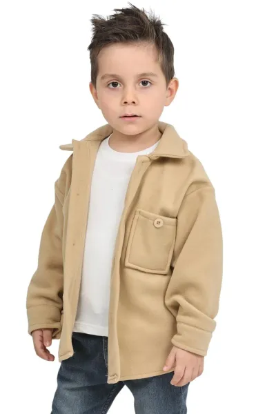 Erkek-Kız Çocuk Unisex Pamuklu Günlük-Casual Kışlık Polar Ceket Gömlek — Bej