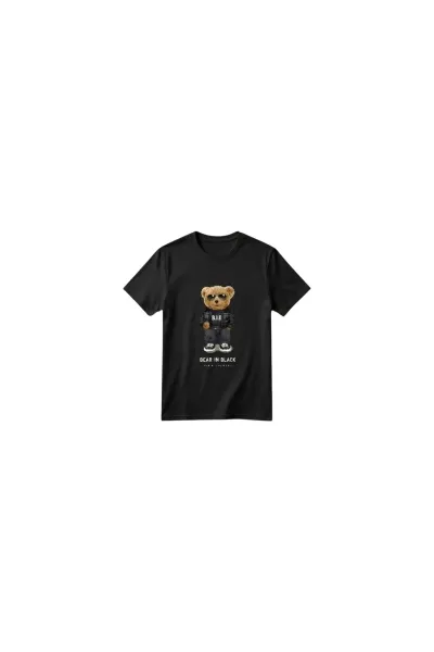 Unisex Kız Erkek Çocuk Baskılı Bisiklet Yaka Kısa Kollu Pamuklu Günlük T-Shirt — BEAR IN BLACK SİYAH