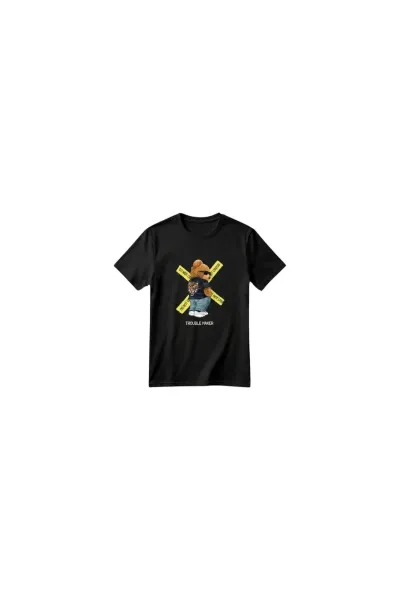 Unisex Kız Erkek Çocuk Baskılı Bisiklet Yaka Kısa Kollu Pamuklu Günlük T-Shirt — TROUBLE MAKER BEAR SİYAH