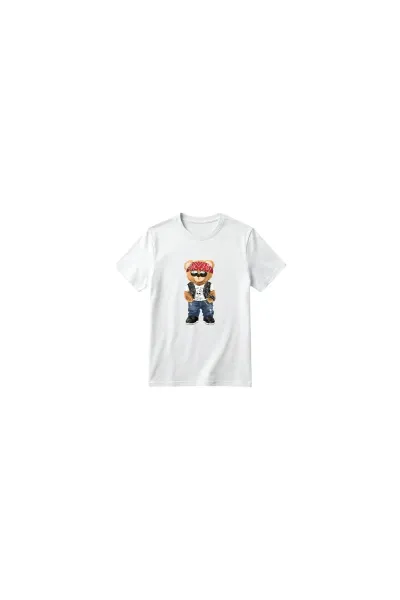 Unisex Kız Erkek Çocuk Baskılı Bisiklet Yaka Kısa Kollu Pamuklu Günlük T-Shirt — BEAR BEYAZ