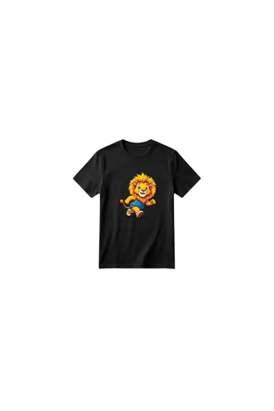 Unisex Kız Erkek Çocuk Baskılı Bisiklet Yaka Kısa Kollu Pamuklu Günlük T-Shirt — RUNNING LION SİYAH