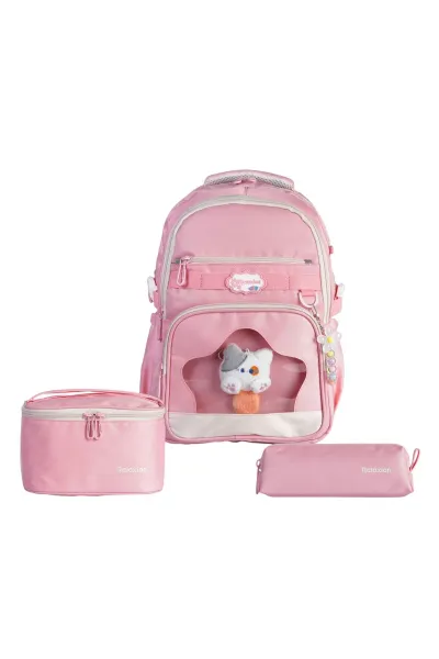 Relaxion 1920 İlkokul Kız Çocuk Pembe Ergonomik Okul Çantası 3'lü Set Beslenme Çantalı Kalemlikli