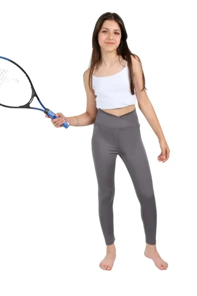 Kız Çocuk Yüksek Bel Kruvaze Kemer, Koşu, Yürüyüş,  Casual, Spor, Atletik, Egzersiz, Fittness Tayt — Antrasit