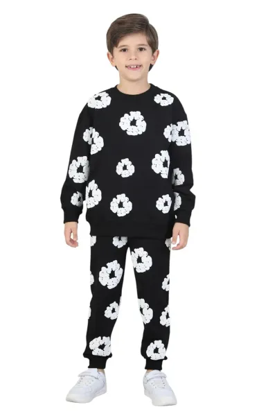 Kız - Erkek Çocuk Ünisex Papatya Kabartma Baskılı Pijama Takımı İki İplik Eşofman Takımı İkili Takım