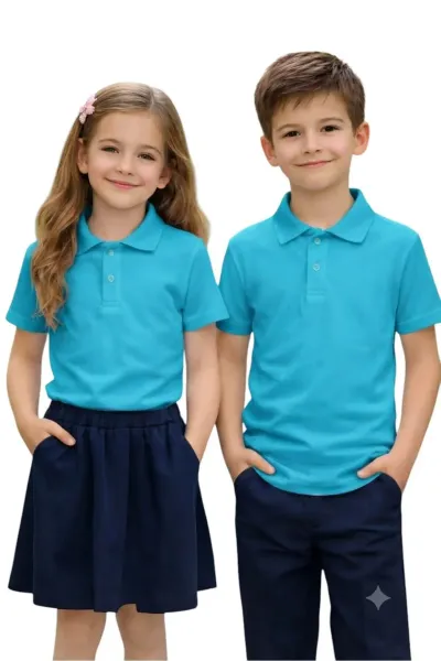 Unisex Kız Erkek Çocuk Polo Yaka Pamuklu Kısa Kol Turkuaz Günlük Basic Okul Tişört — Turkuaz Mavi