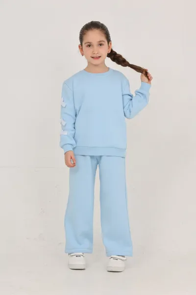 Kız Çocuk 3 İplik Şardonlu Kurdele Detaylı Basic Sweatshirt-Bol Kesim Palazzo Eşofman Takım — Bebe Mavisi