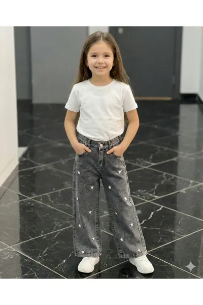Kız Çocuk Jean Pantolon Palazzo Geniş Bol Paça Yıldız Nakışlı Kot Pantolon — Gri
