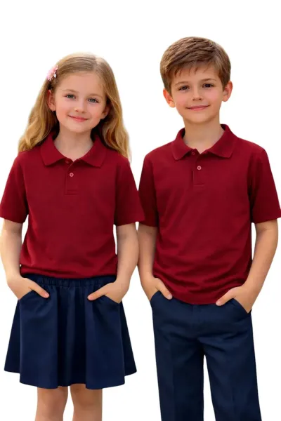 Unisex Kız Erkek Çocuk Polo Yaka Pamuklu Kısa Kol Bordo Günlük Basic Okul Tişört
