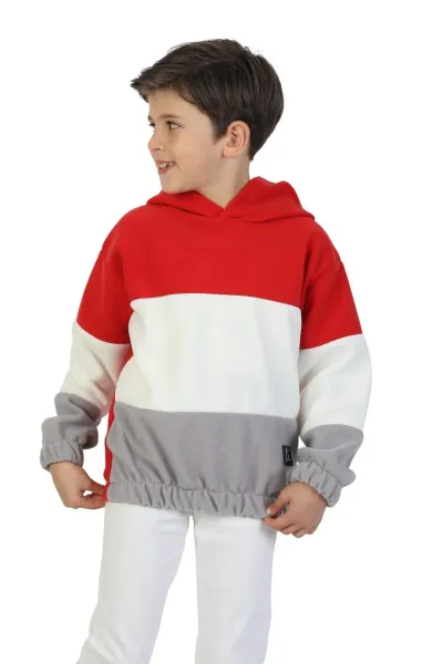 Unisex Kız-Erkek Çocuk Sweatshirt-Kazak Kapüşonlu Beli Lastikli Çok Renkli Kışlık Polar Sweat — Kırmızı-Ekru-Gri