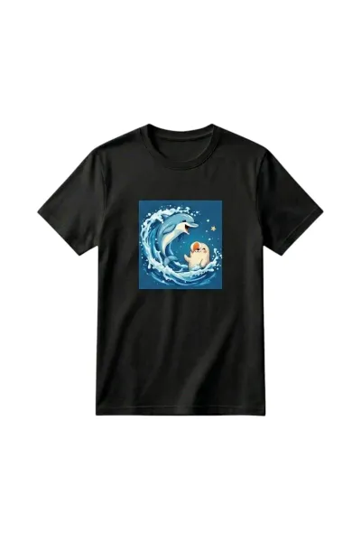 Unisex Kız Erkek Çocuk Baskılı Bisiklet Yaka Kısa Kollu Pamuklu Günlük T-Shirt — DOLPHINS SİYAH