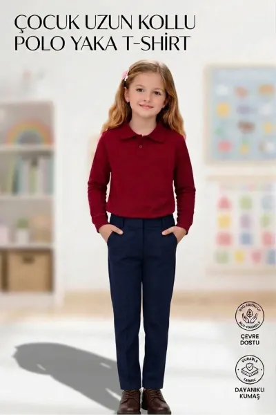 Unisex Kız Erkek Çocuk Polo Yaka Pamuklu Uzun Kol Bordo Günlük Basic Okul Tişört
