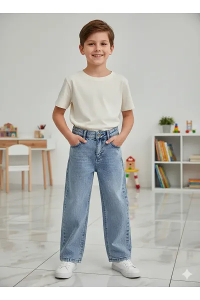 Erkek Çocuk Pamuklu Beli Lastikli Baggy Jean Pantolon Rahat Kalıp Geniş Bol Paça Kot Pantolon — Buz Mavi