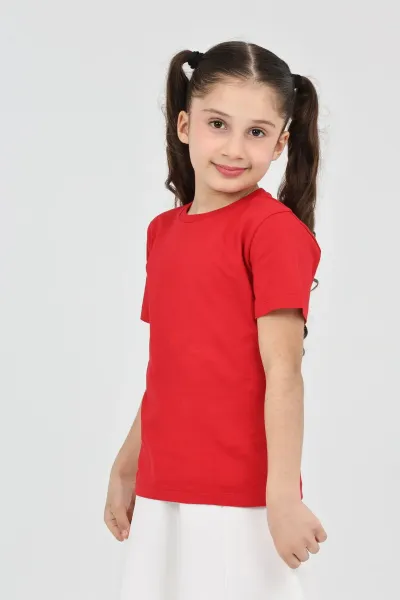 Kız çocuk kırmızı düz baskısız kısa kol basic casual-okul t-shirt