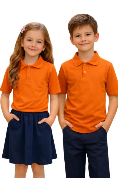 Unisex Kız Erkek Çocuk Polo Yaka Pamuklu Kısa Kol Oranj-Turuncu-Orange Günlük Basic Okul Tişört