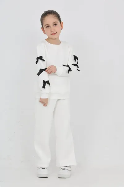 Kız Çocuk 3 İplik Şardonlu Kurdele Detaylı Basic Sweatshirt-Bol Kesim Palazzo Eşofman Takım — Ekru