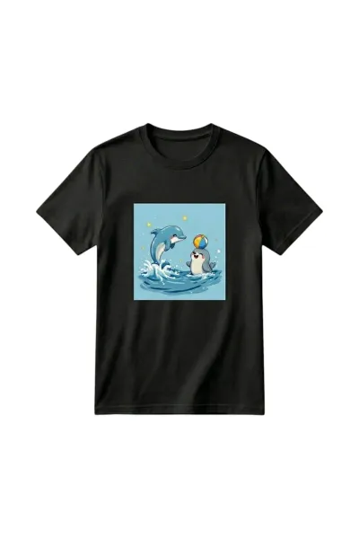 Unisex Kız Erkek Çocuk Baskılı Bisiklet Yaka Kısa Kollu Pamuklu Günlük T-Shirt — PLAYING WATER POLO DOLPHINS SİYAH